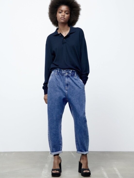Zara Denim - Zara Paperbag High Waisted Blue Medium Wash Barrel Jeans